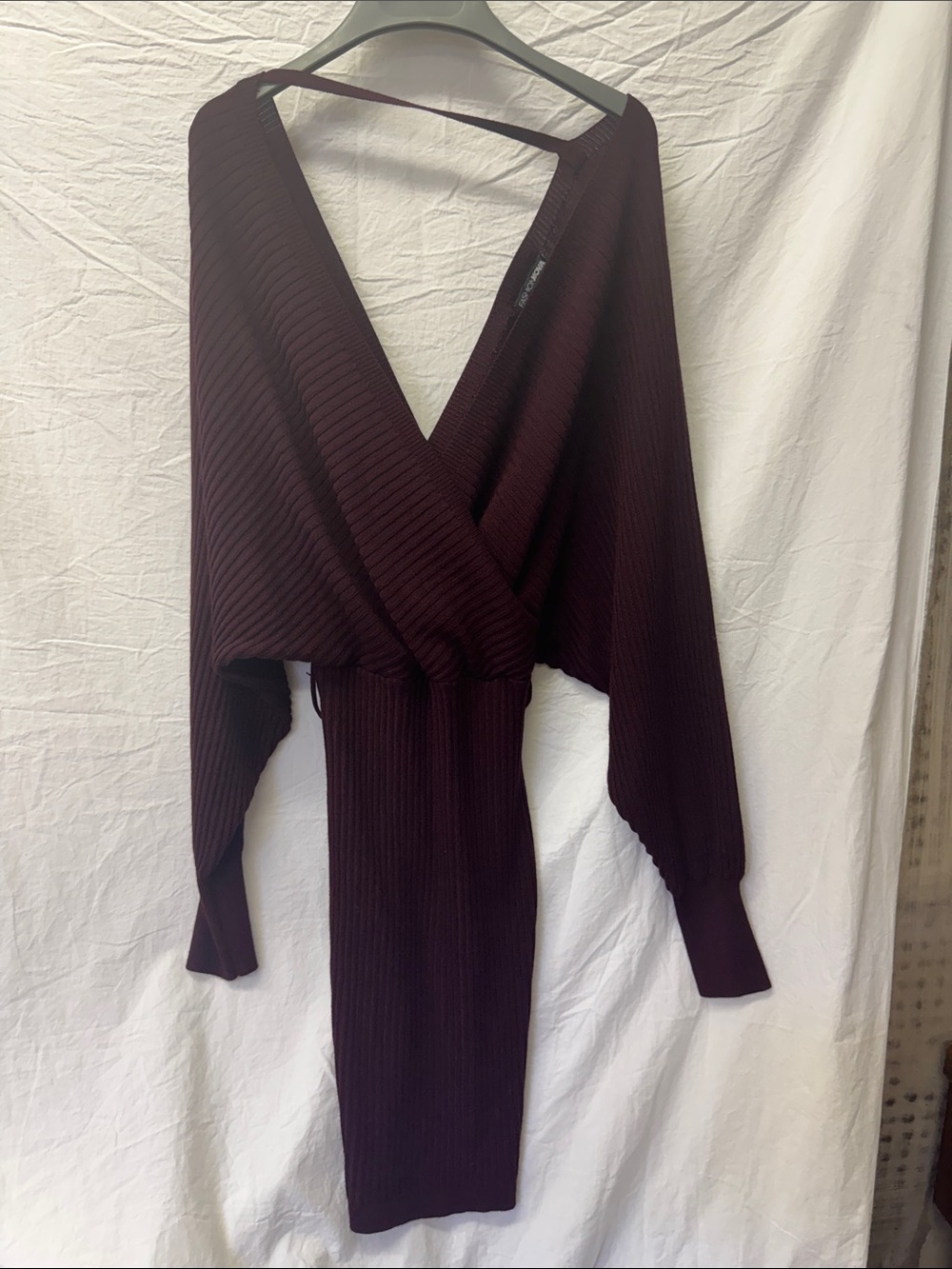 Fashion Nova Ribbed Deep V Long Sleeve Dress in Wine
